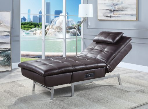 Padilla Brown Synthetic Leather Chaise Lounge with Pillow & USB