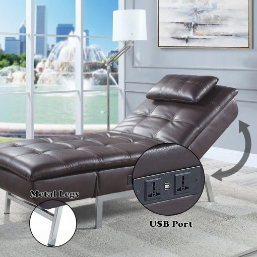 Padilla Brown Synthetic Leather Chaise Lounge with Pillow & USB - Image 11