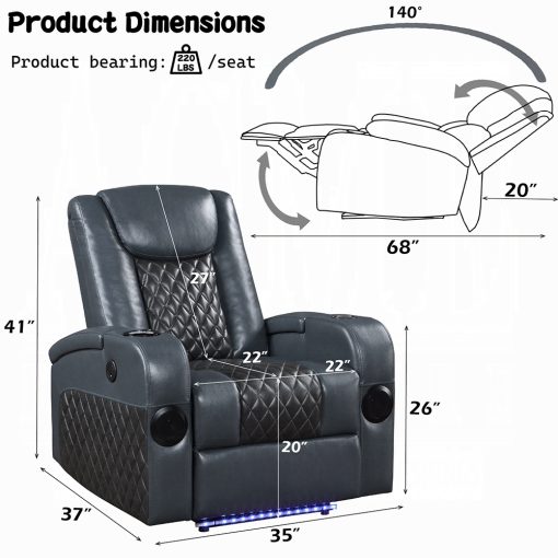 Alair Metal & Leather-Aire Power Motion Recliner with Bluetooth, Wireless Charger & Cupholder - Image 10