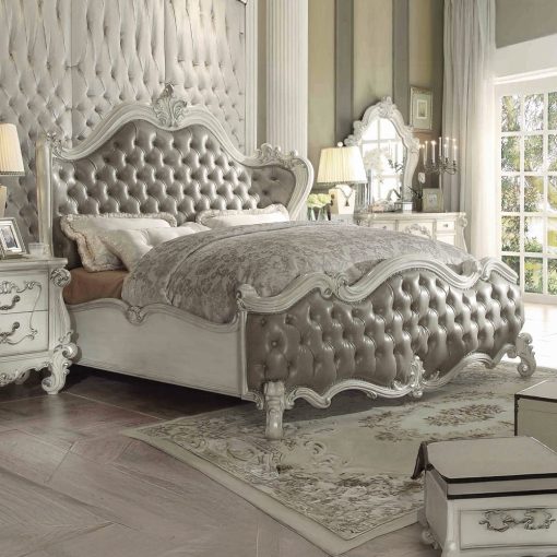 Acme Versailles Vintage Gray Synthetic Leather & Bone White Bed