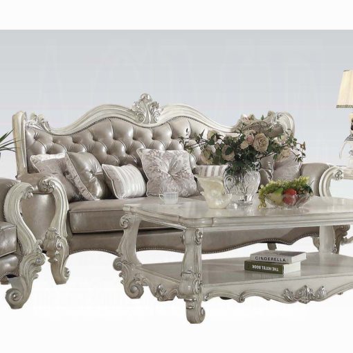 Acme Versailles Vintage Gray Synthetic Leather & Bone White Sofa with 7 Pillows - Image 2