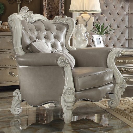 Acme Versailles Vintage Gray Synthetic Leather & Bone White Chair with 2 Pillows