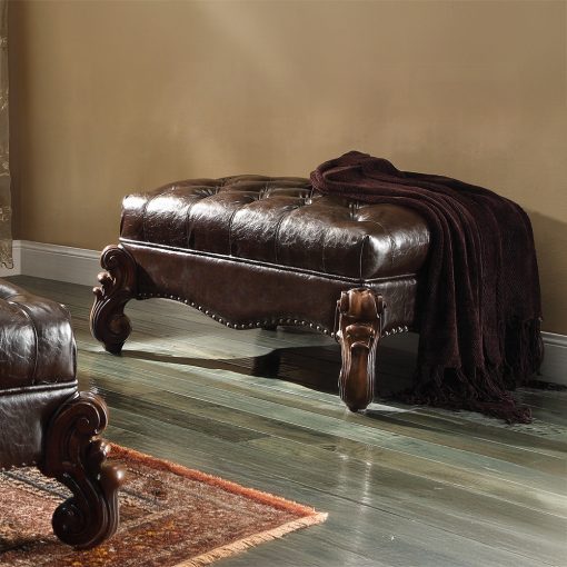Acme Two Tone Dark Brown Synthetic Leather & Cherry Oak Finish Versailles Ottoman