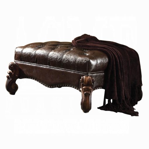 Acme Two Tone Dark Brown Synthetic Leather & Cherry Oak Finish Versailles Ottoman - Image 2