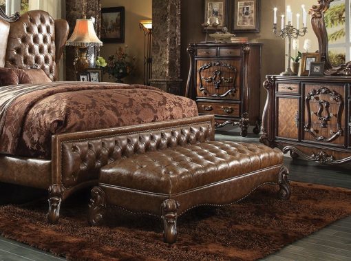 Acme Two Tone Light Brown Synthetic Leather & Cherry Oak Versailles Bench