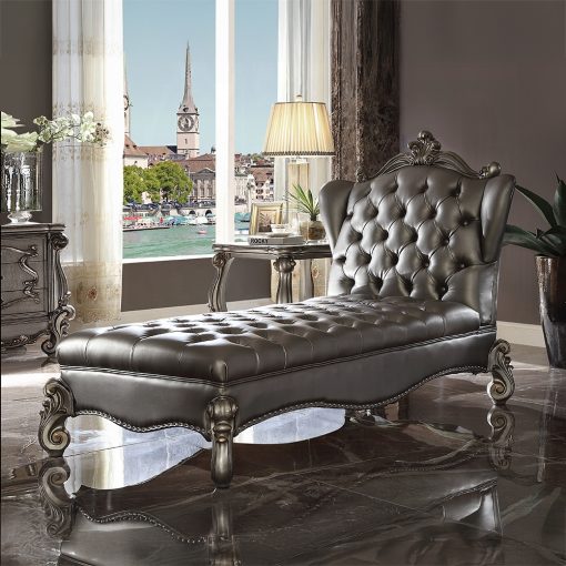 Acme Versailles Silver Synthetic Leather & Antique Platinum Chaise Lounge