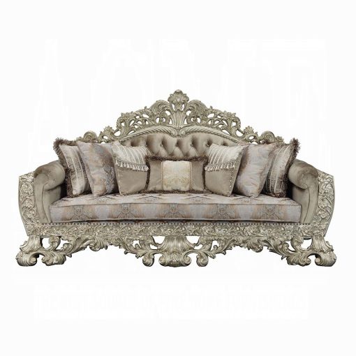 Acme Sorina Velvet Fabric & Antique Gold Sofa with 7 Pillows