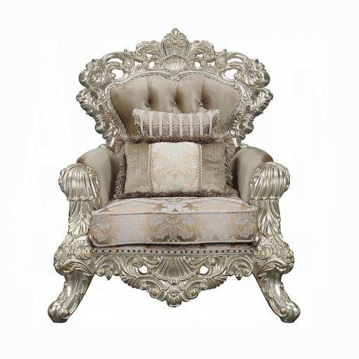 Acme Sorina Velvet Fabric & Antique Gold Chair with 2 Pillows