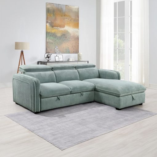 Acme Zavala Light Green Chenille Sectional Sofa with Sleeper & Storage