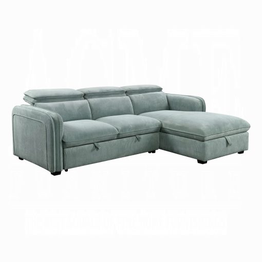 Acme Zavala Light Green Chenille Sectional Sofa with Sleeper & Storage - Image 2