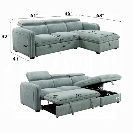 Acme Zavala Light Green Chenille Sectional Sofa with Sleeper & Storage - Image 7