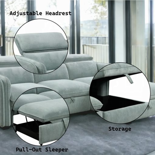 Acme Zavala Light Green Chenille Sectional Sofa with Sleeper & Storage - Image 8