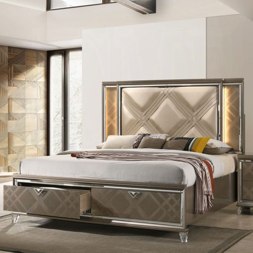 Acme Skylar Synthetic Leather & Dark Champagne Upholstered Bed with Led & Storage