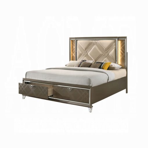 Acme Skylar Synthetic Leather & Dark Champagne Upholstered Bed with Led & Storage - Image 2