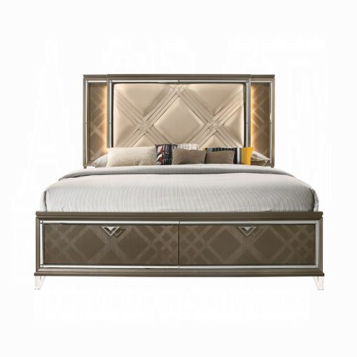Acme Skylar Synthetic Leather & Dark Champagne Upholstered Bed with Led & Storage - Image 3