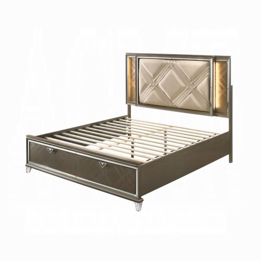 Acme Skylar Synthetic Leather & Dark Champagne Upholstered Bed with Led & Storage - Image 4