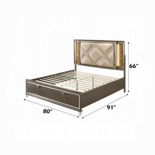 Acme Skylar Synthetic Leather & Dark Champagne Upholstered Bed with Led & Storage - Image 5