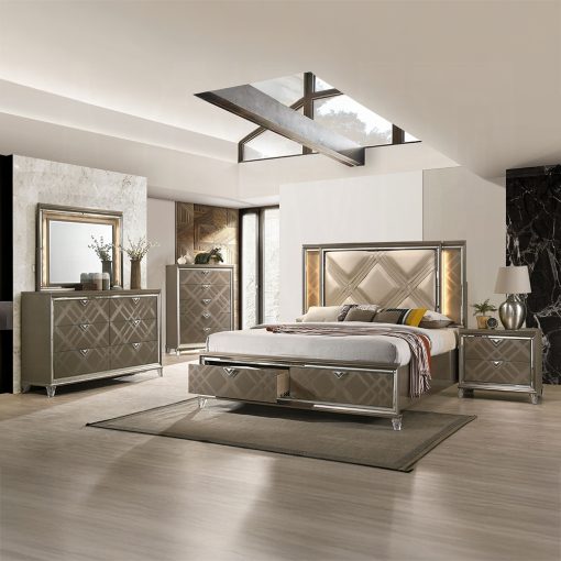 Acme Skylar Synthetic Leather & Dark Champagne Upholstered Bed with Led & Storage - Image 6