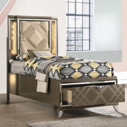 Acme Skylar Synthetic Leather & Dark Champagne Bed with Led & Storage