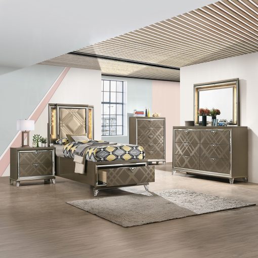 Acme Skylar Synthetic Leather & Dark Champagne Bed with Led & Storage - Image 6