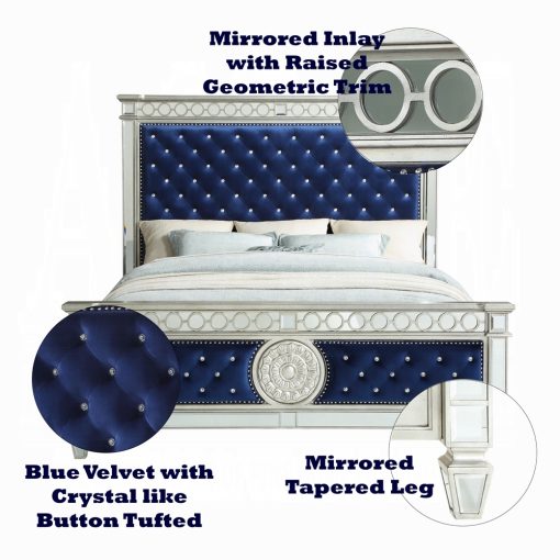 Acme Varian Blue Velvet & Mirrored Queen Bed - Image 2