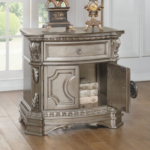 Acme Northville Antique Silver Nightstand with Wooden Top