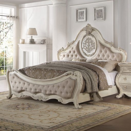 Acme Beige Linen & Antique White Ragenardus Bed
