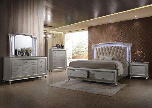 Acme Kaitlyn Synthetic Leather & Champagne Bed with Led & Storage
