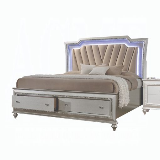 Acme Kaitlyn Synthetic Leather & Champagne Bed with Led & Storage - Image 2