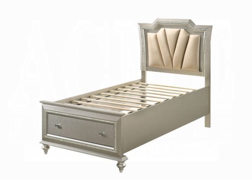 Acme Kaitlyn Synthetic Leather & Champagne Composite Wood Bed with Led & Storage - Image 3