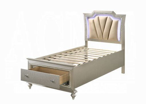Acme Kaitlyn Synthetic Leather & Champagne Composite Wood Bed with Led & Storage - Image 2