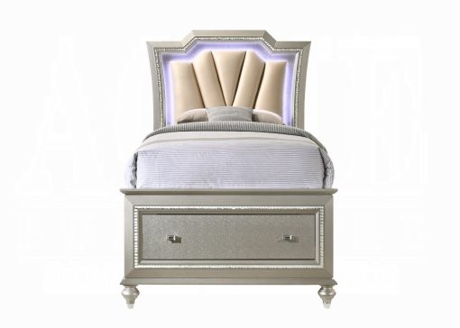 Acme Kaitlyn Synthetic Leather & Champagne Composite Wood Bed with Led & Storage