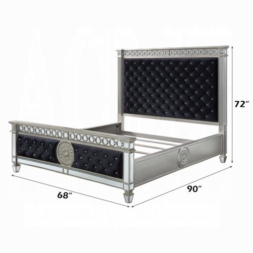 Acme Varian Dark Navy Blue Velvet & Mirrored Bed - Image 2