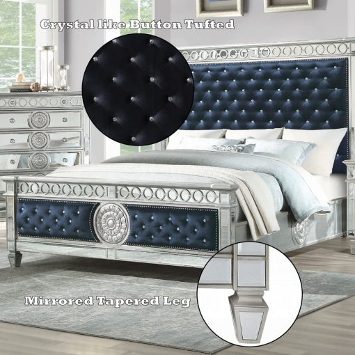 Acme Varian Dark Navy Blue Velvet & Mirrored Bed - Image 3