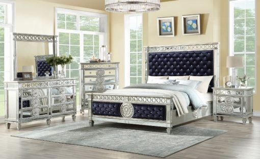 Acme Varian Dark Navy Blue Velvet & Mirrored Bed