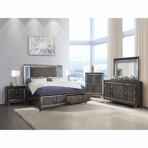 Acme Sawyer Synthetic Leather & Metallic Gray Queen Bed with Led & Storage