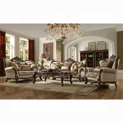 Acme Latisha Tan Pattern Fabric & Antique Oak Chair with 2 Pillows