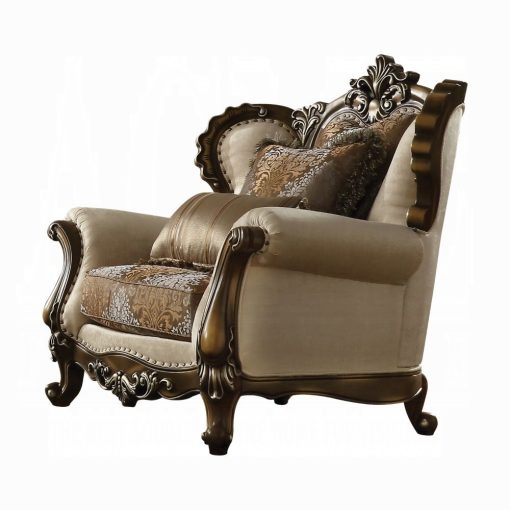 Acme Latisha Tan Pattern Fabric & Antique Oak Chair with 2 Pillows - Image 2