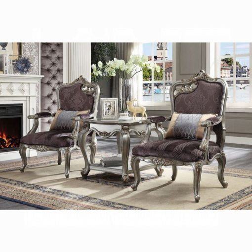 Acme Picardy Velvet & Antique Platinum Chair with Pillow Right Facing Leaf