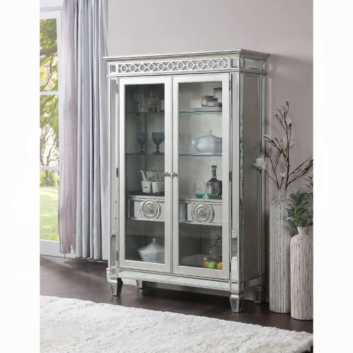 Acme Varian Mirrored & Antique Platinum Curio Cabinet