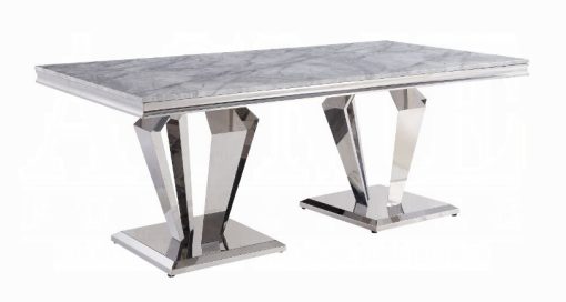 Acme Satinka Light Gray Printed Faux Marble Top & Mirrored Silver Dining Table
