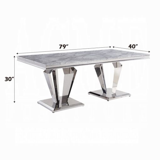 Acme Satinka Light Gray Printed Faux Marble Top & Mirrored Silver Dining Table - Image 4