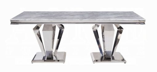 Acme Satinka Light Gray Printed Faux Marble Top & Mirrored Silver Dining Table - Image 2