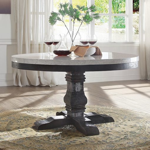 Acme Nolan White Marble Top & Salvage Dark Oak Round Dining Table