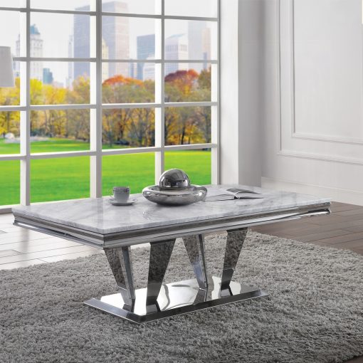 Acme Satinka Light Gray Printed Faux Marble Top & Mirrored Silver Coffee Table