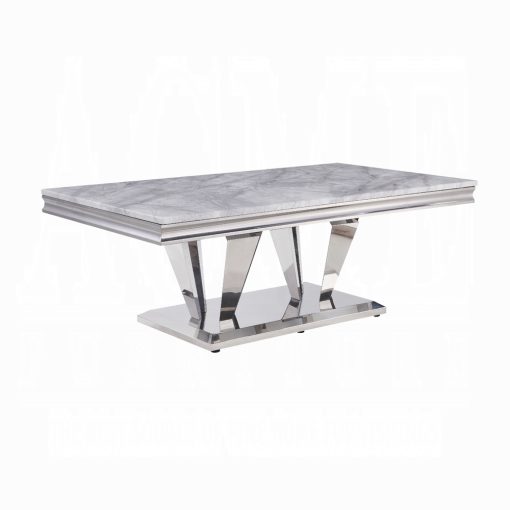 Acme Satinka Light Gray Printed Faux Marble Top & Mirrored Silver Coffee Table - Image 2