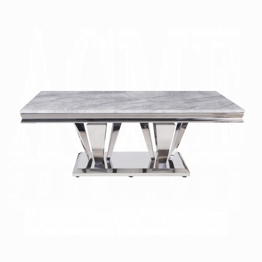 Acme Satinka Light Gray Printed Faux Marble Top & Mirrored Silver Coffee Table - Image 3