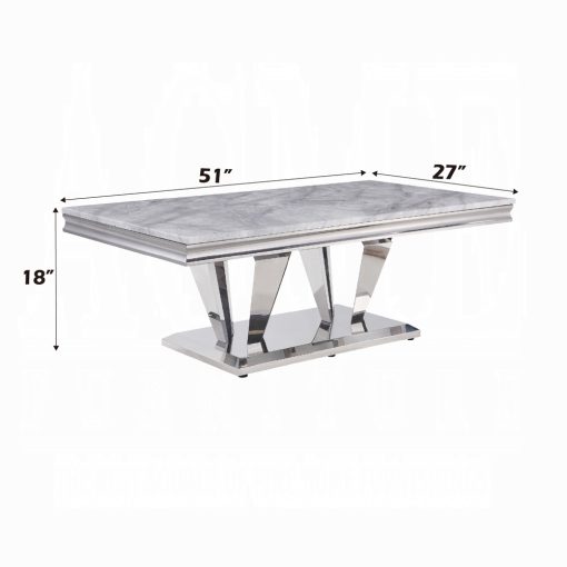 Acme Satinka Light Gray Printed Faux Marble Top & Mirrored Silver Coffee Table - Image 6