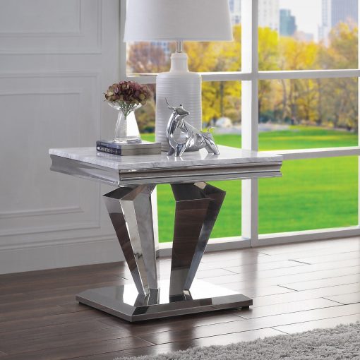 Acme Satinka Light Gray Printed Faux Marble Top & Mirrored Silver End Table