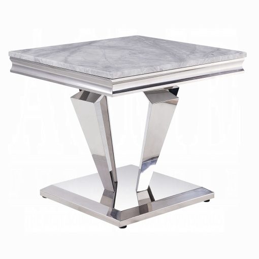 Acme Satinka Light Gray Printed Faux Marble Top & Mirrored Silver End Table - Image 2